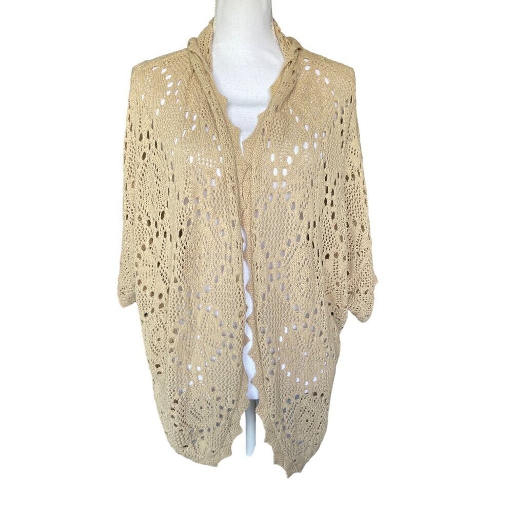 Kensie Women's Size L Beige Open-Knit Cardigan Sweater Open Front Short Sleeves